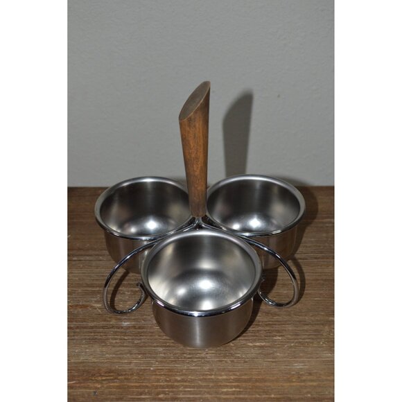 Vintage MCM Condiment Server Serving Set Walnut Stainless Steel Caddy Dish - Picture 4 of 9